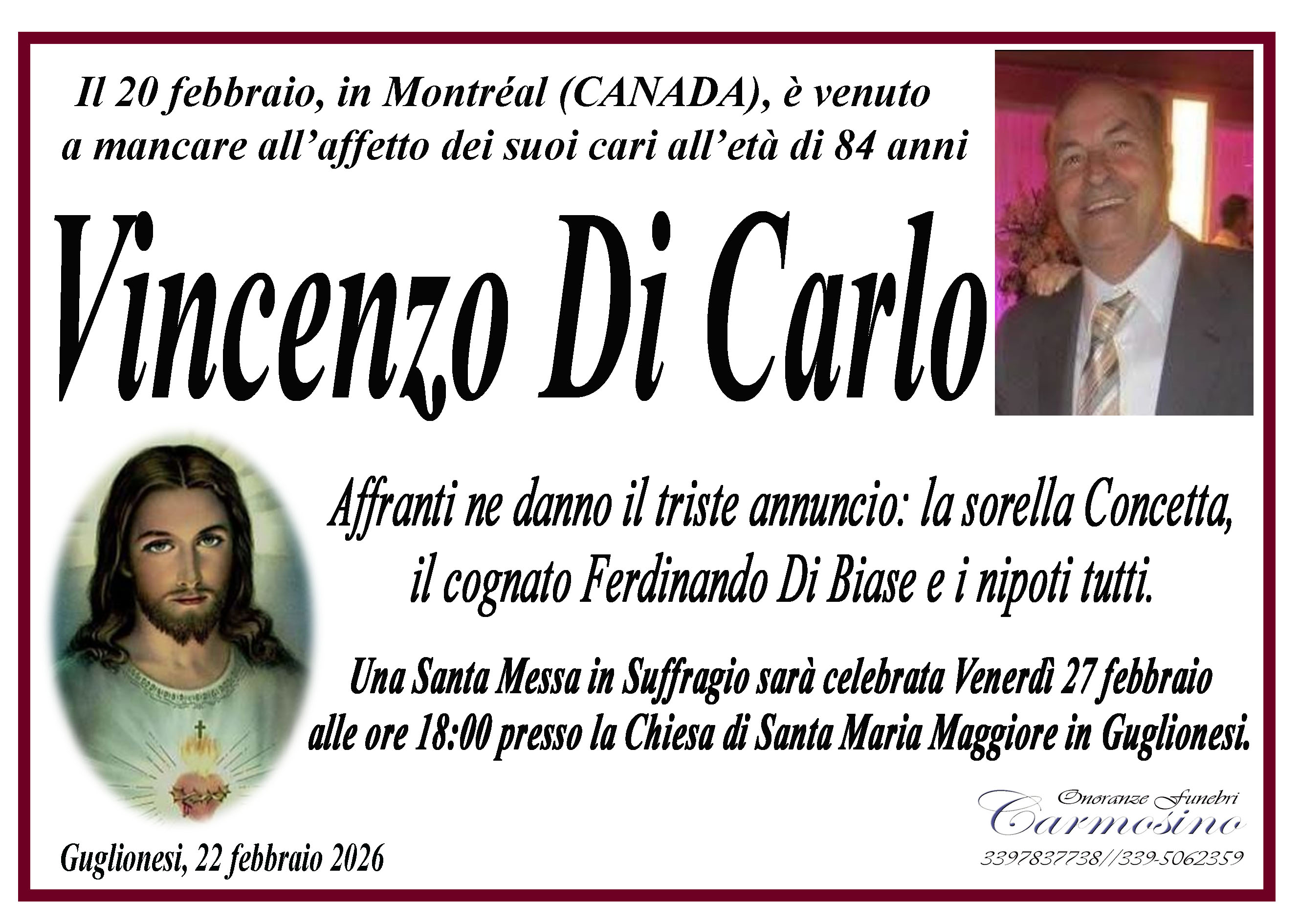 Necrologio Vincenzo Di Carlo